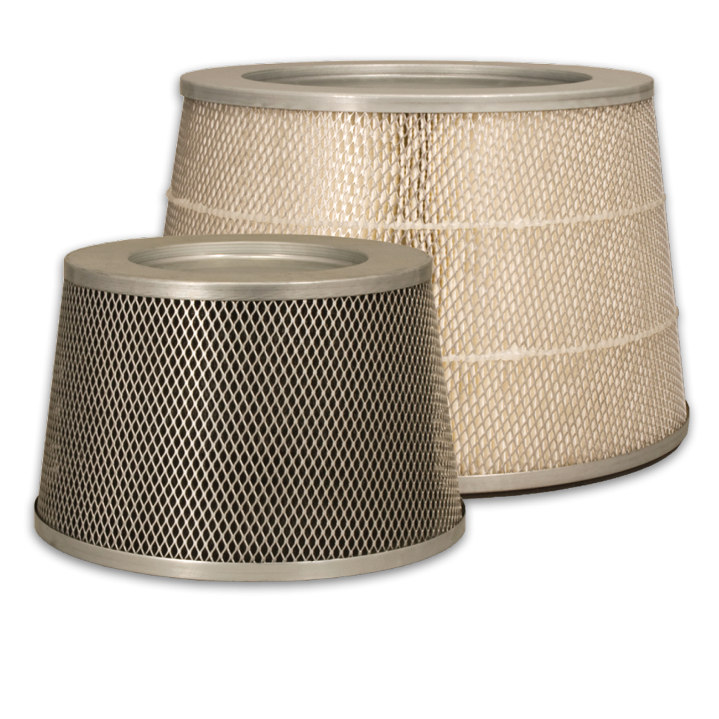 Industrial conical filter elements with metal end caps from Sidco Filter to replace Endustra, NY Blower, and Gardner Denver Conical Filters