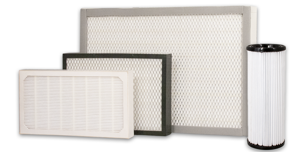 photo of 3 HEPA panel filters and one cylindrical HEPA filter with molded end seals for industrial HEPA filtration