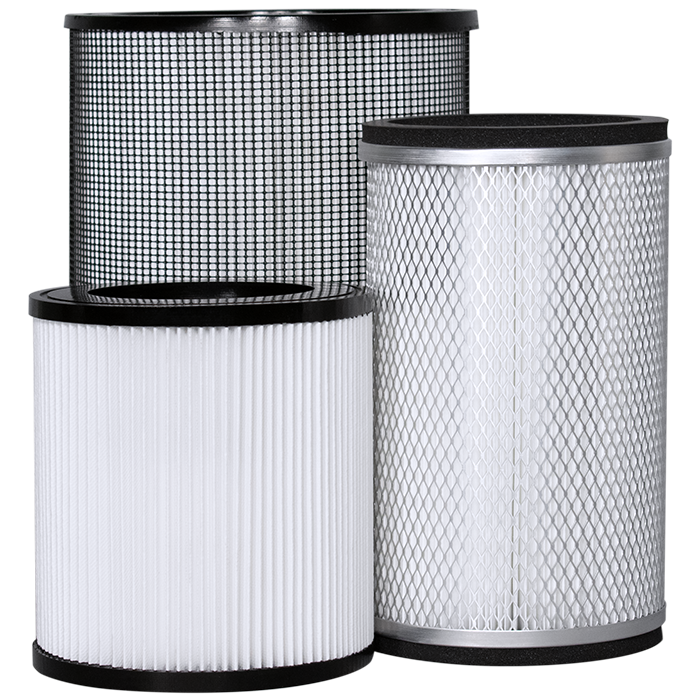 photo of 3 HEPA panel filters and one cylindrical HEPA filter with molded end seals for industrial HEPA filtration